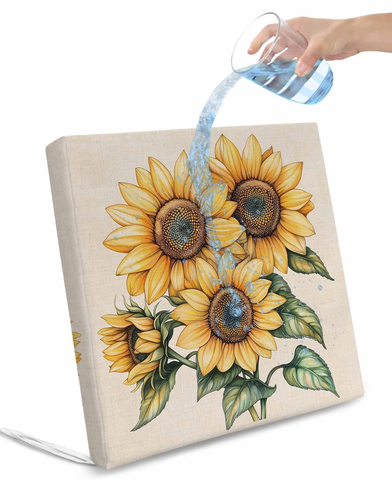 2 Pack Sunflower Waterproof Cushion Covers with Ties, Outdoor Patio Chaise Lounge Chair Seat Cushion Slip Covers Replacement(Only Cover) Farmhouse Yellow Botanical Floral Spring 22