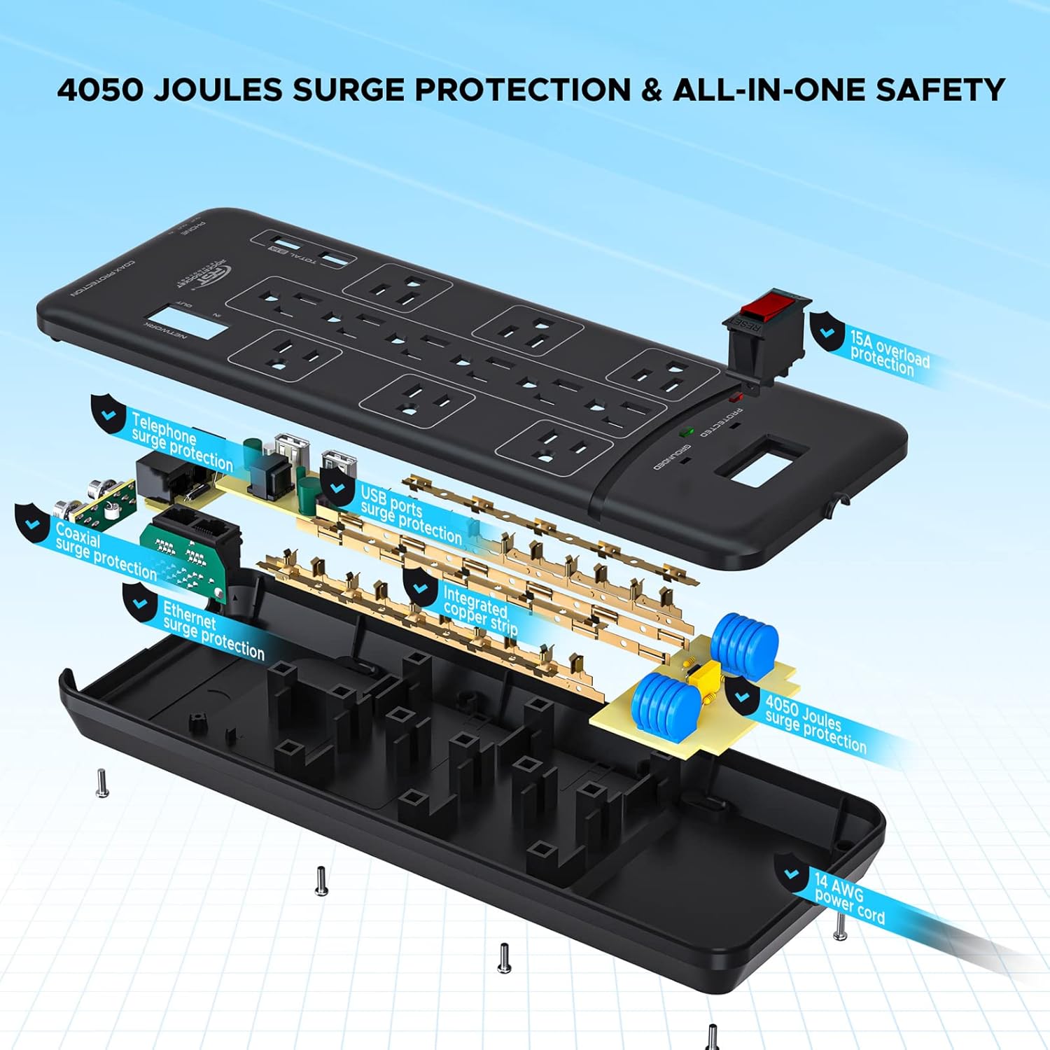 CRST 12-Outlet Surge Protector Power Strip 4050Joules, with USB(3.1A) Ethernet, Cable,Telephone and TV Coaxial Protection, Flat Plug 9-FT Long Cord (Black) : Electronics