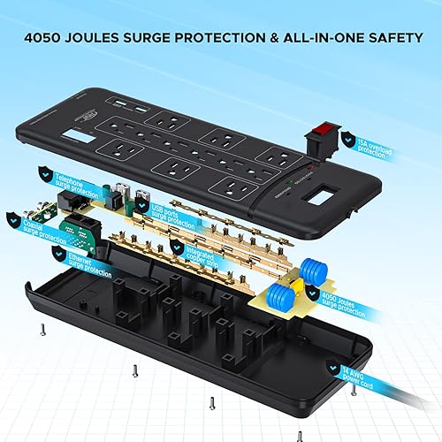 Miniatura 5 de CRST Regleta de protección contra sobretensiones (4050J) con enchufe plano y 2 USB (3.1 A), protección RJ11 para telmódemcoaxial, disyuntor de 15 A