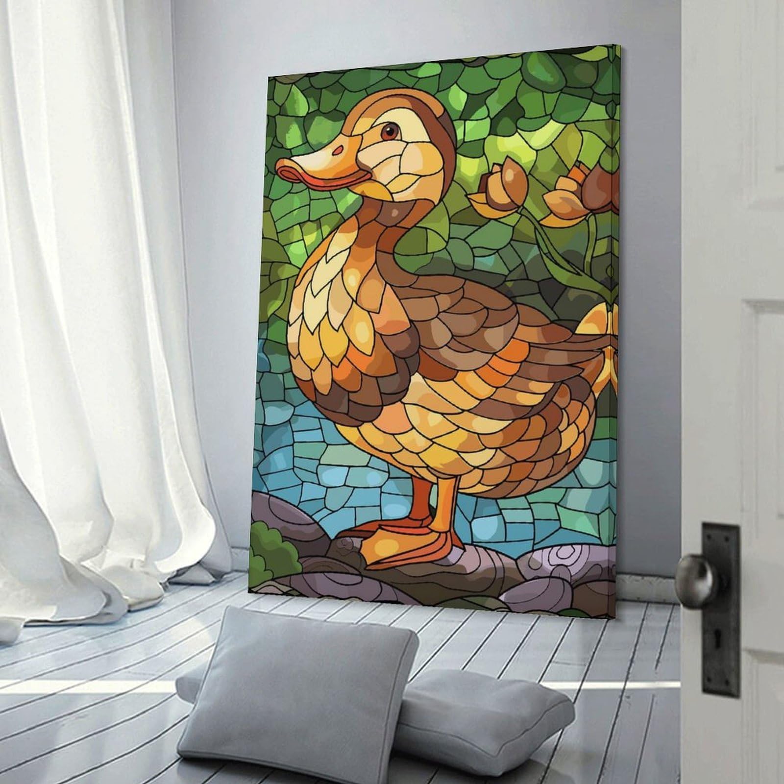Junmoney Frame-Style-5 Wall Picture Print Stained Glass Duck In Nature, 24X36inch(60X90cm), For Living Room, Lounge Or Sitting Room, Modern Wall Decor For Cosy Interiors