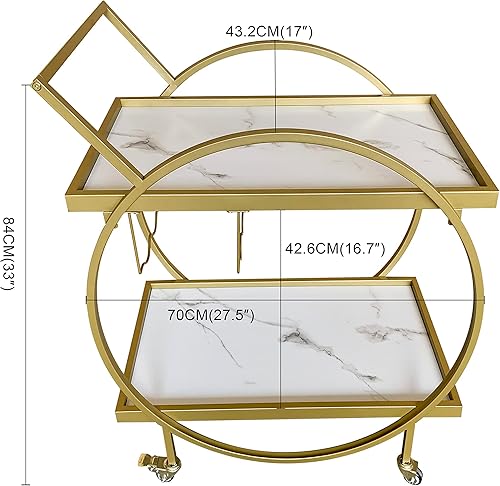 Miniatura 6 de AT-VALY Carrito de bar con estante para vinos, carrito de servicio móvil de 2 niveles con ruedas, carrito de vino para el hogar, cocina, dorado