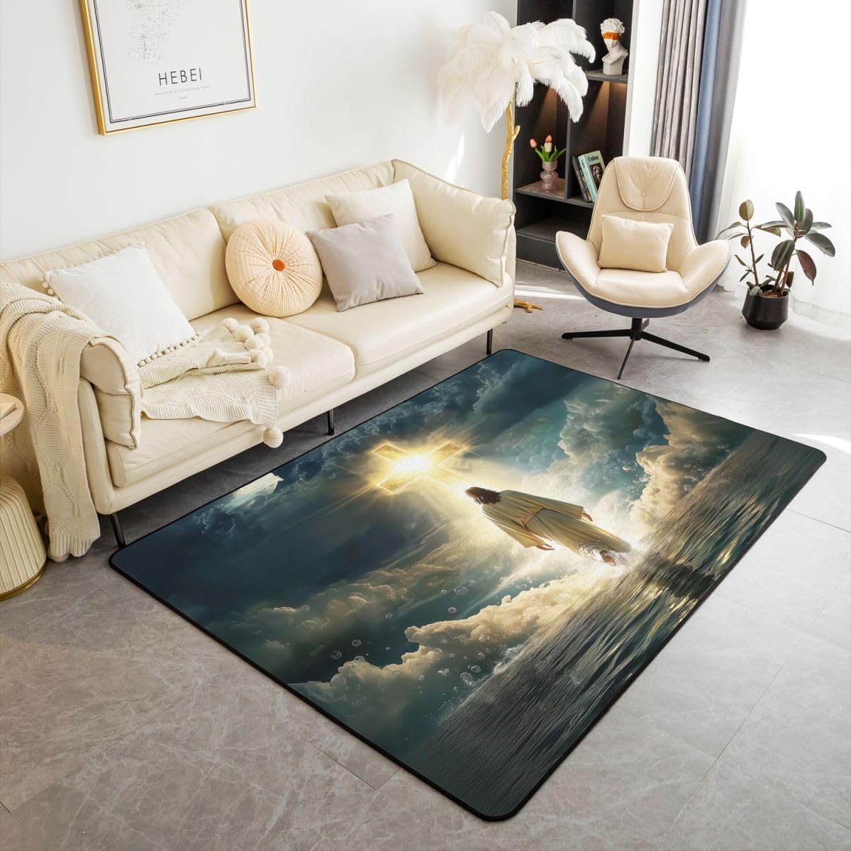 Manfei God Walking on Water Kids Area Rug,Western Faith Bible Verse Indoor Floor Mat Entrance Rug for Girls Boys,Spiritual Blue Ocean Non Slip Rug,Golden Dark Blue Couch Living Room Decor,3'x5'
