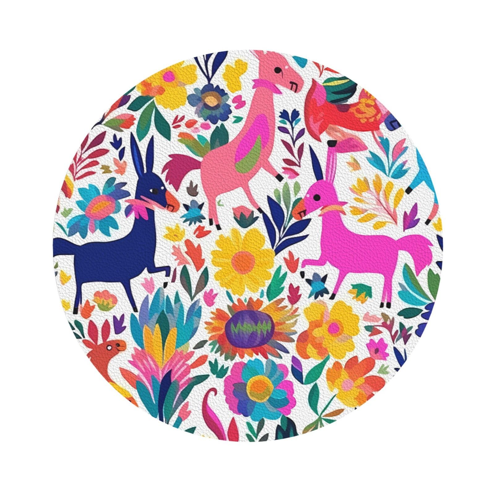 Fodpand Round Shape Mexican Otomi Animals Drink Coasters Set Of 4, Heat Resistant Leather Coasters Fuuny Bar Beer Beverage Coaster For Drinks, Absorbent Cup Mat For Tabletop Protection, Housewarming Gift