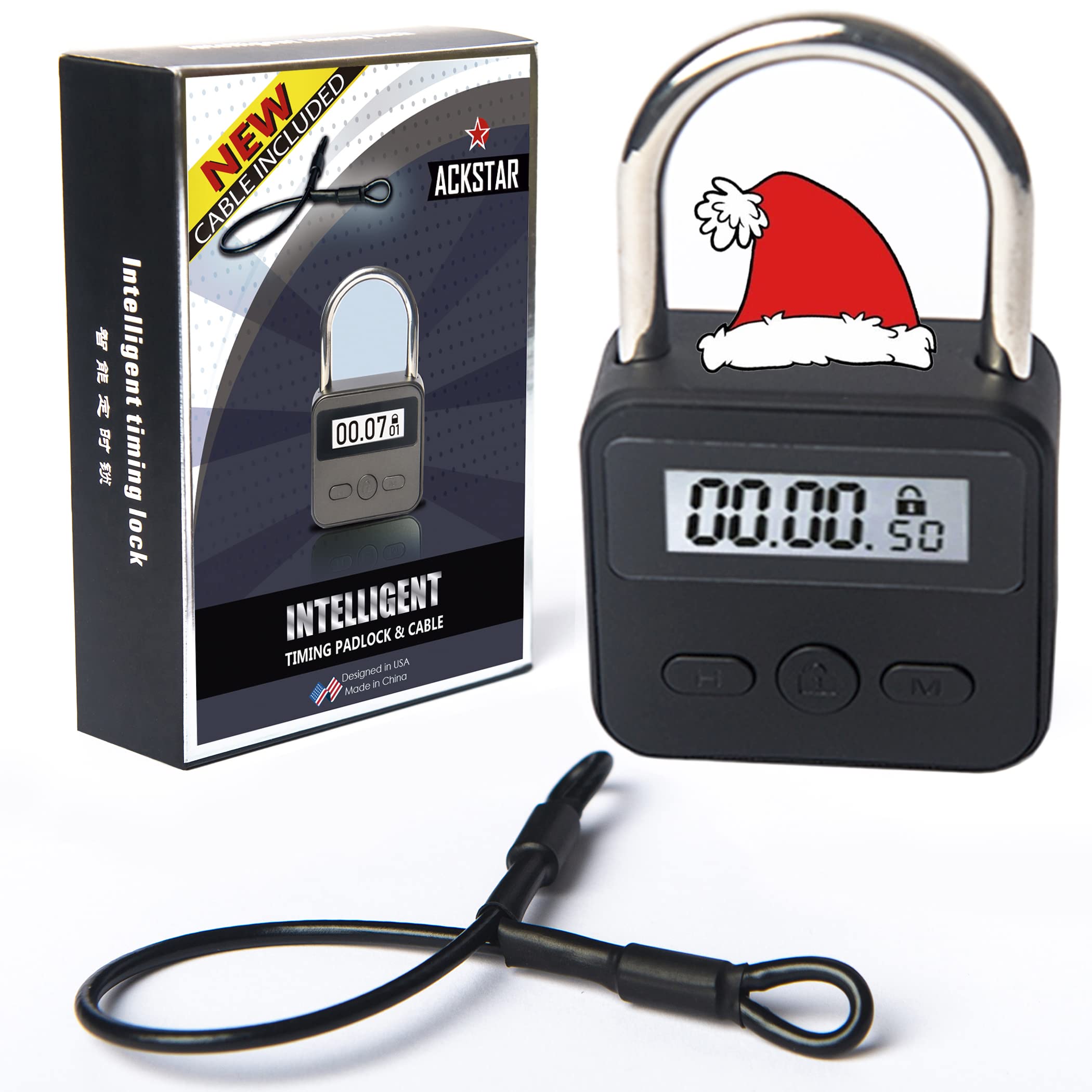 ACKSTAR Metal Timer Padlock - Inteligent Timing Padlock with 10 Inch Steel Cable Extension, Backlight LCD Display up to 99 Hours Max time Lock, Micro USB Rechargeable (Black)