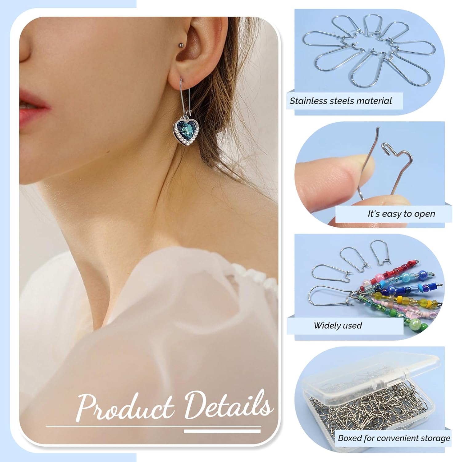 TOAOB 100pcs Earring Hooks Hypoallergenic Stainless Steel Kidney Ear Wires Interchangeable Dangle Earwire Hooks Silver 20mm Earring Findings Parts for DIY Jewelry Making - Image 6