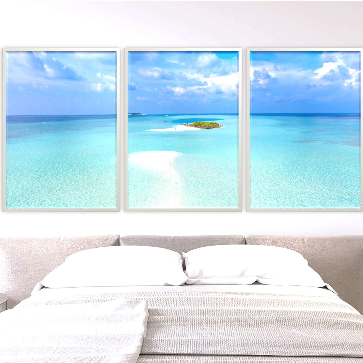 Cuadros Tríptico Mar Turquesa Tamaño 40 x 50 cm. Con MARCO. Sin Clavos. Decoración salón, dormitorio o comedor. Decoración de pared- Cuadros modernos. Paisajes Mar