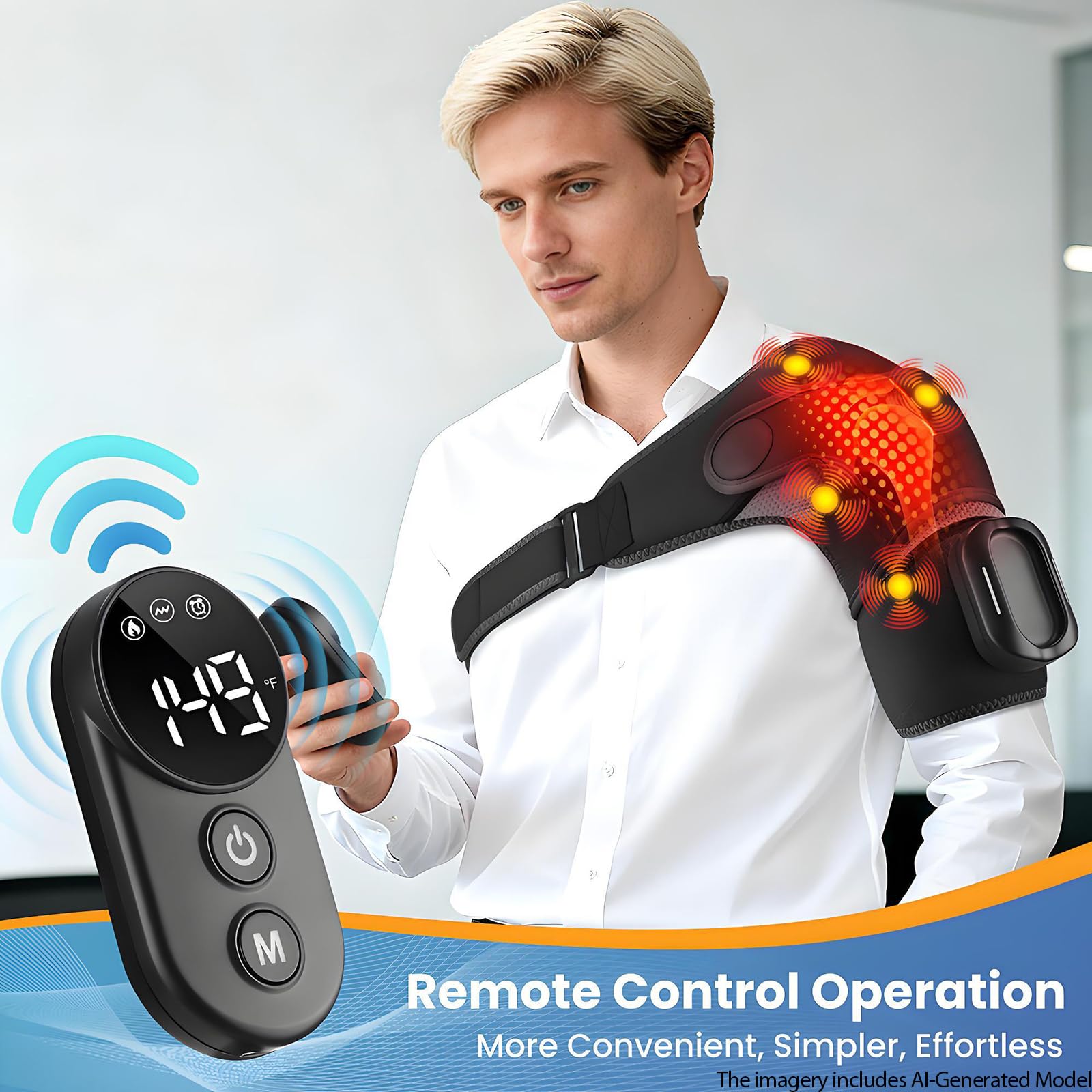 Masajeador de hombros, 5 modos de calentamiento y vibración, batería de 5000 mAh | Temporizador de 3 niveles, mando a distancia extraíble, material transpirable, correas ajustables para el hogar, oficina