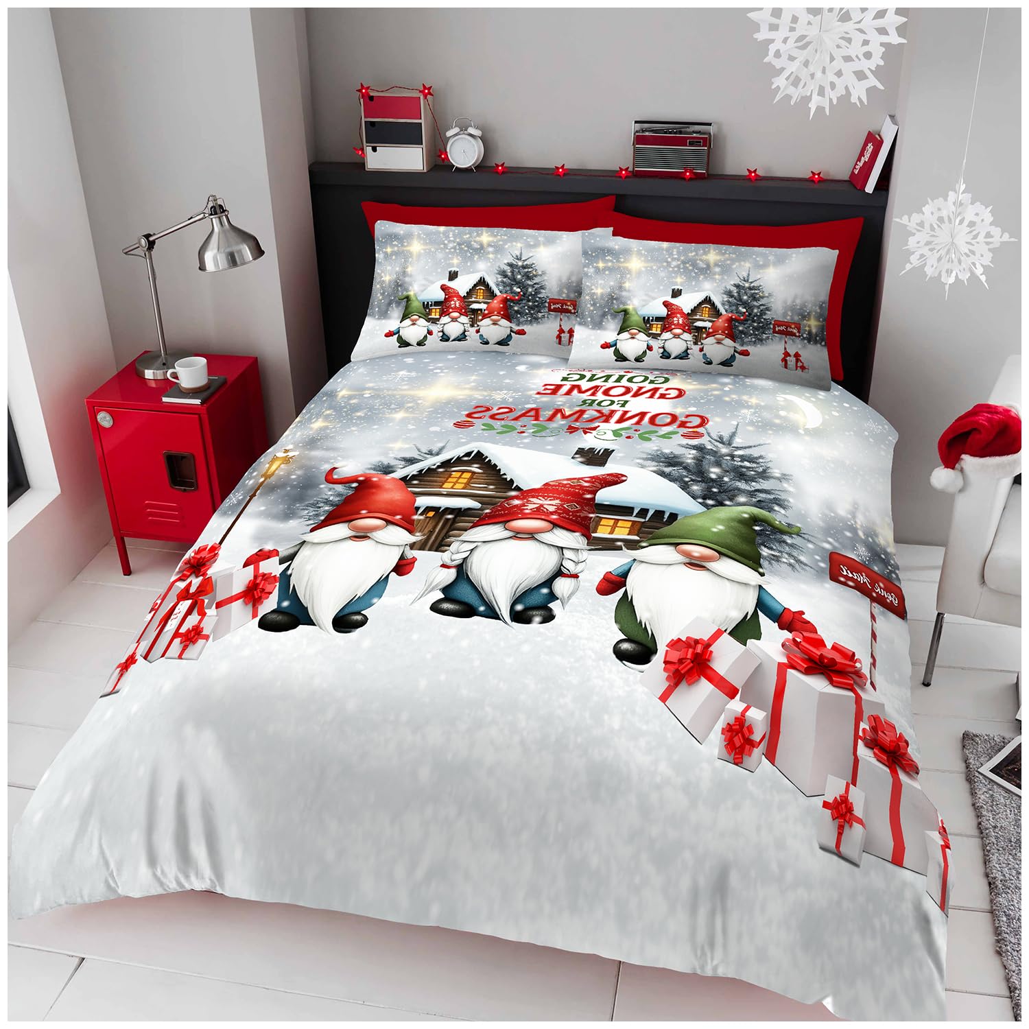 GC GAVENO CAVAILIA Christmas Duvet Cover Single - Soft Xmas Bedding & Quilt Cover with Pillowcase - Gonks Pattern Single Bed Duvet Set - Breathable Comforter Cover (135x200 cm) - Washable