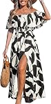 CUPSHE Robe pour les femmes été une forme robes hors épaule manche Maxi Longueur volant ajusté taille Tropical Imprimé