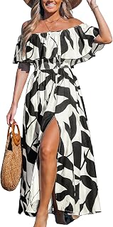 CUPSHE Women's Ruffle Floral Off Shoulder Maxi Beach Dress - Backless Short Sleeve Slit Hem Summer Vacation Dress