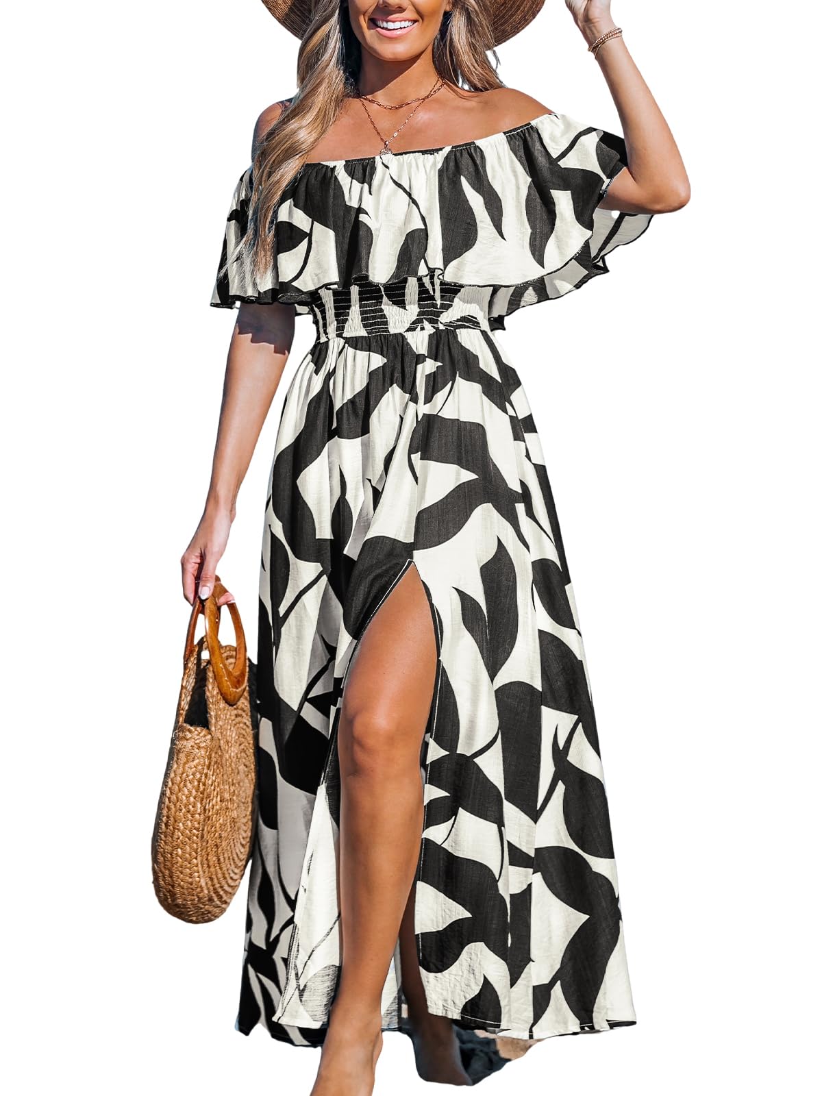 CUPSHE Women Ruffle Floral Maxi Summer Dress Off Shoulder Short Sleeve Backless Flounce Bodice Slit Hem Beach Dresses