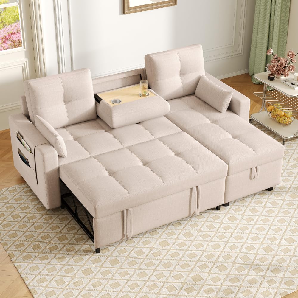 Lubvtti Sofá Cama 3 plazas con función de Cama,sofá esquinero Moderno en Forma de L con portavasos y Espacio de Almacenamiento, sofá 3 plazas,Lino,Beige