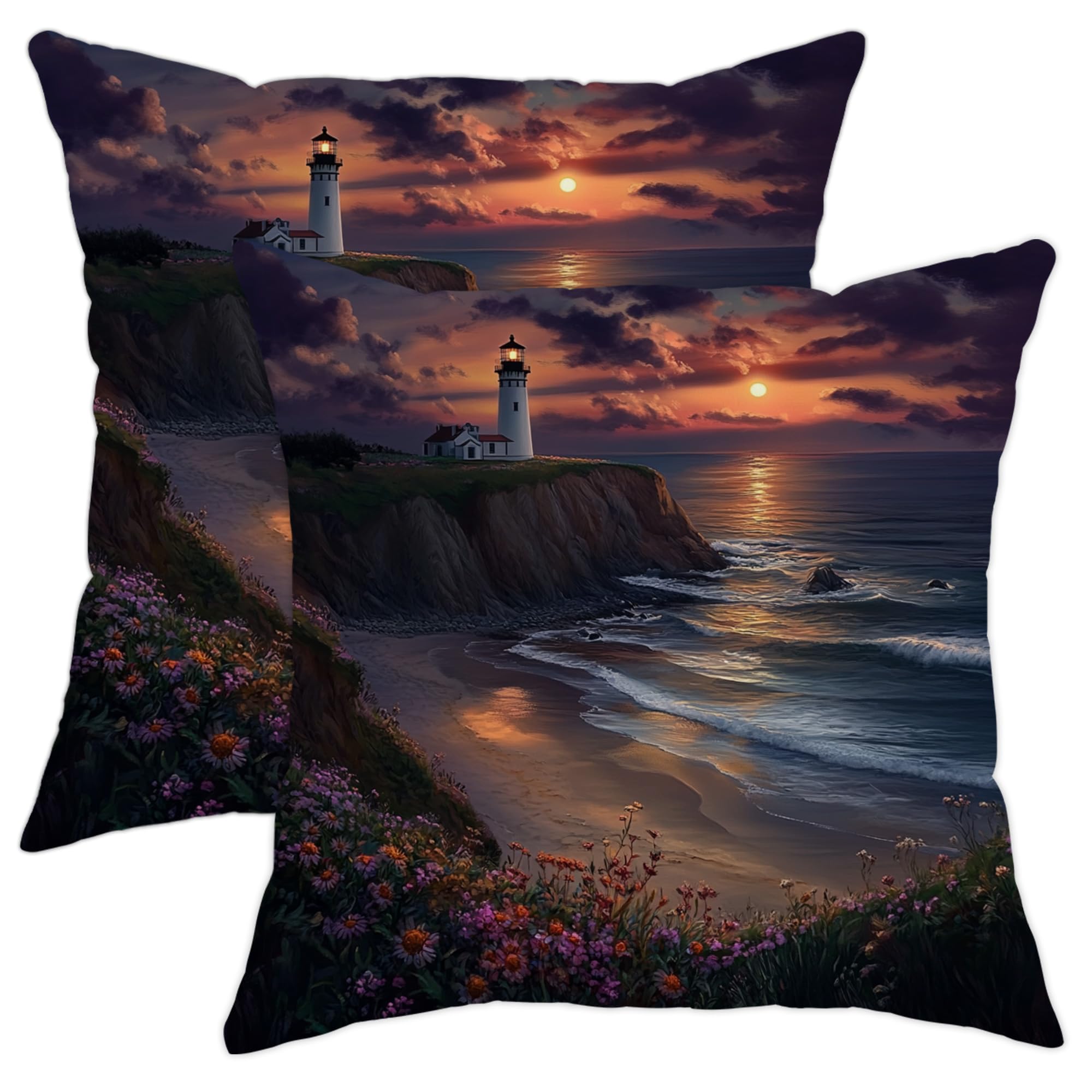 Sunset Lighthouse Pillow Covers Set of 2, Coastal Ocean Decorative Throw Pillow Cases, Nature Inspired Farmhouse Decor Cushion Covers for Home Sofa Bed Couch 20x20 Inch