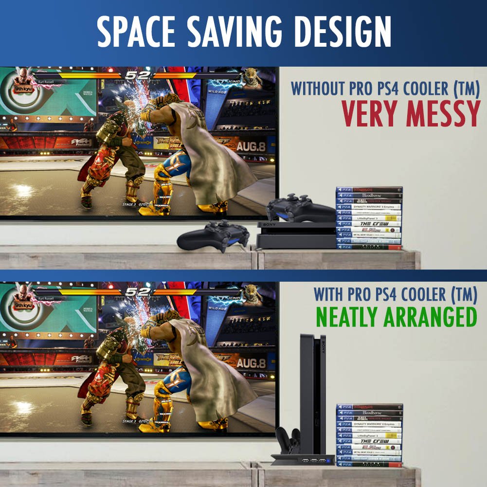 PS4 Cooler Pad | PS4 Slim Vertical Stand with Silent Noise Air Cooling Fan and 3 USB HUB Ports | Dual Controller Charging Stations DualShock Controllers with Safe Premium ABS Black PS4 Stand | 761.3