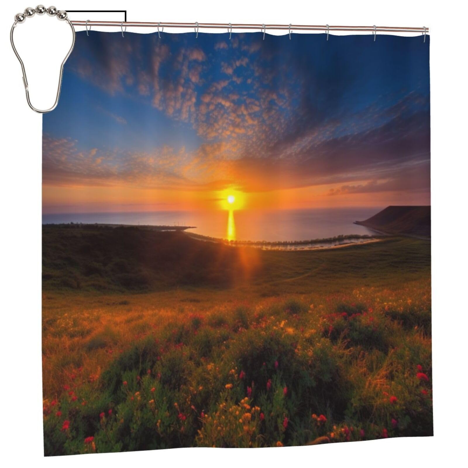 BWWHCCTI Beautiful Sunrise Printed Shower Curtain With 12 Iron Hooks Opaque Quick Drying Waterproof Shower Curtains Sets For Bathroom 183x183 CM