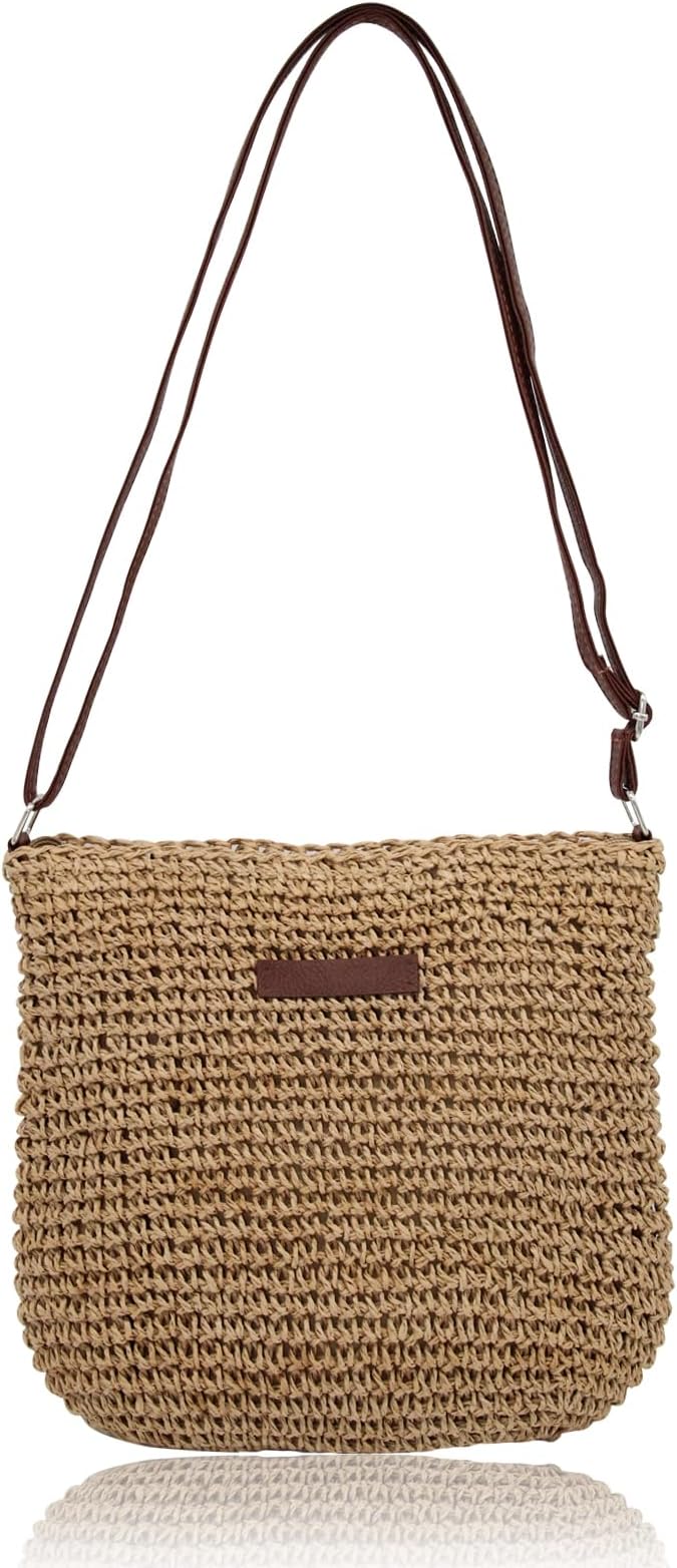 Straw Bag for Women, Small Summer Beach Crossbody Bag with Zipper and Adjustable Strap, Bohemian Weave Handmade Shoulder Handbags for Holiday Beach Travel