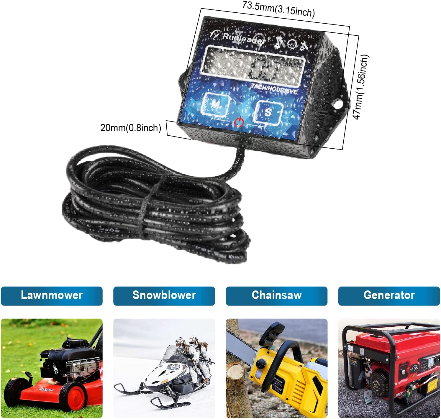 Digital Hour Meter Tachometer Maintenance Reminder Backlight Battery Replaceable for Small Gasoline Engine Lawnmower Snowblower Generator（Wire Length 10ft）
