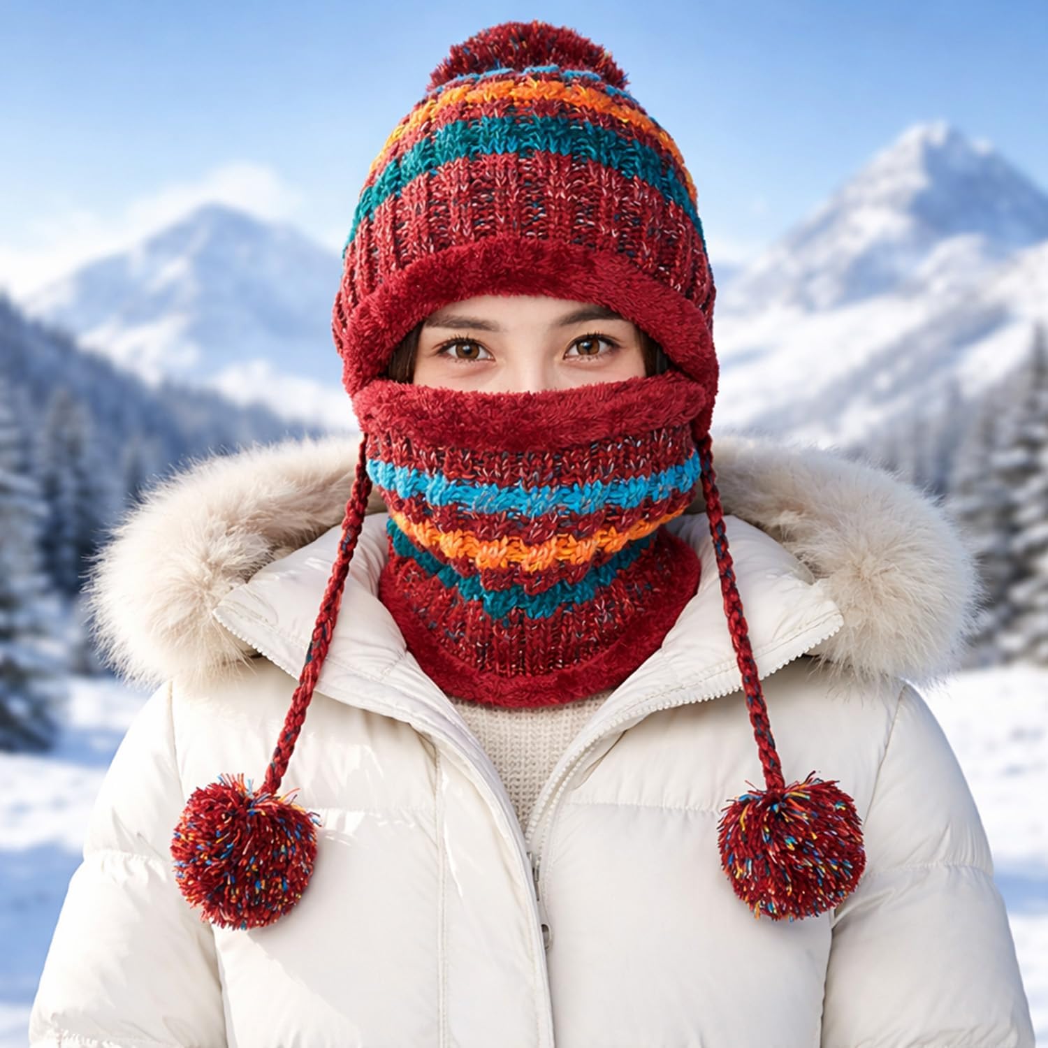 Women Winter Beanie Hat Circle Scarf Set Pompoms Peruvian Ski Snow Ear Flaps Cold Weather Warm Sherpa Knit Hats Fleece Lined - Image 4