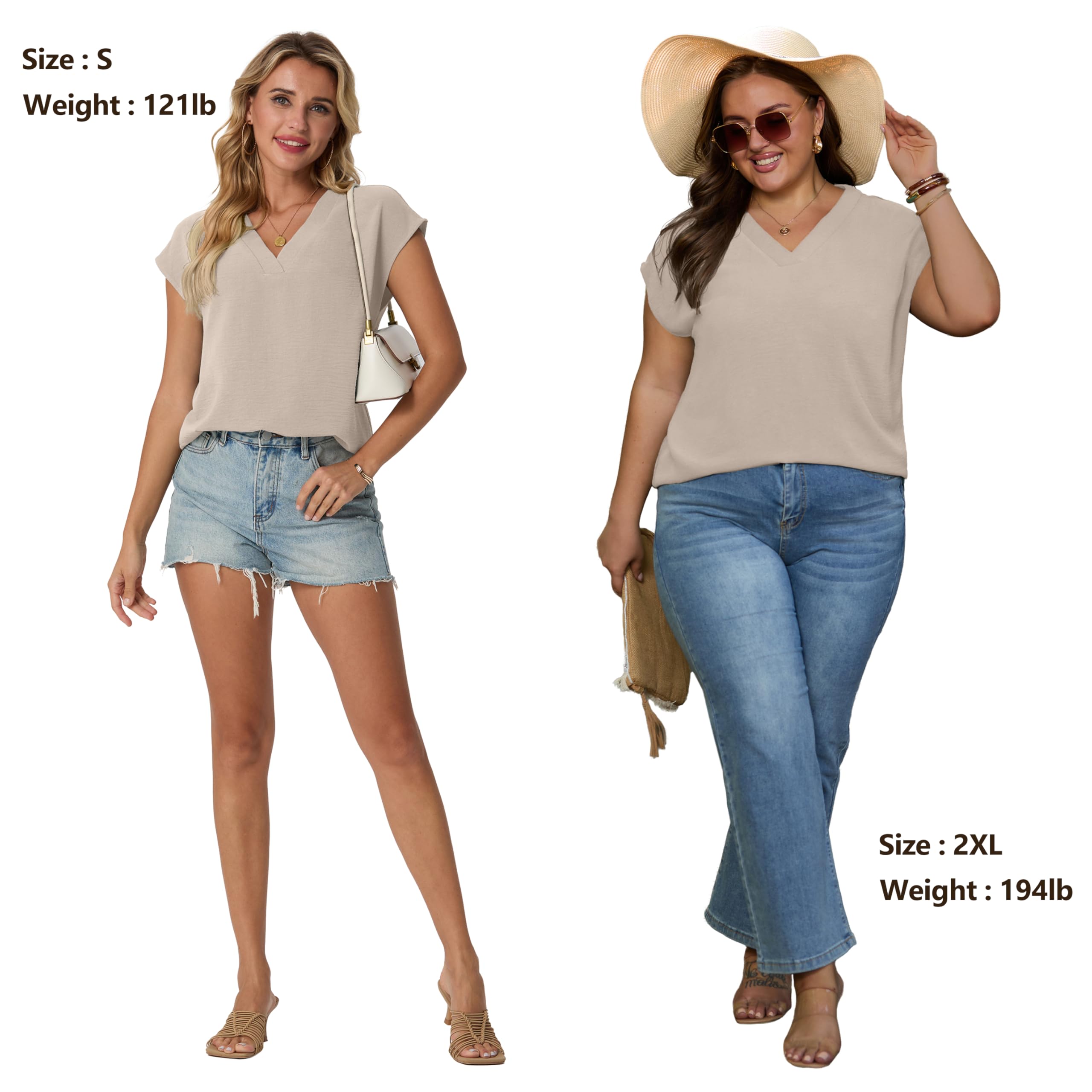 Qixing Women's V Neck Blouses Cap Sleeve Shirts Casual Loose Work Office Solid Tops — view 4