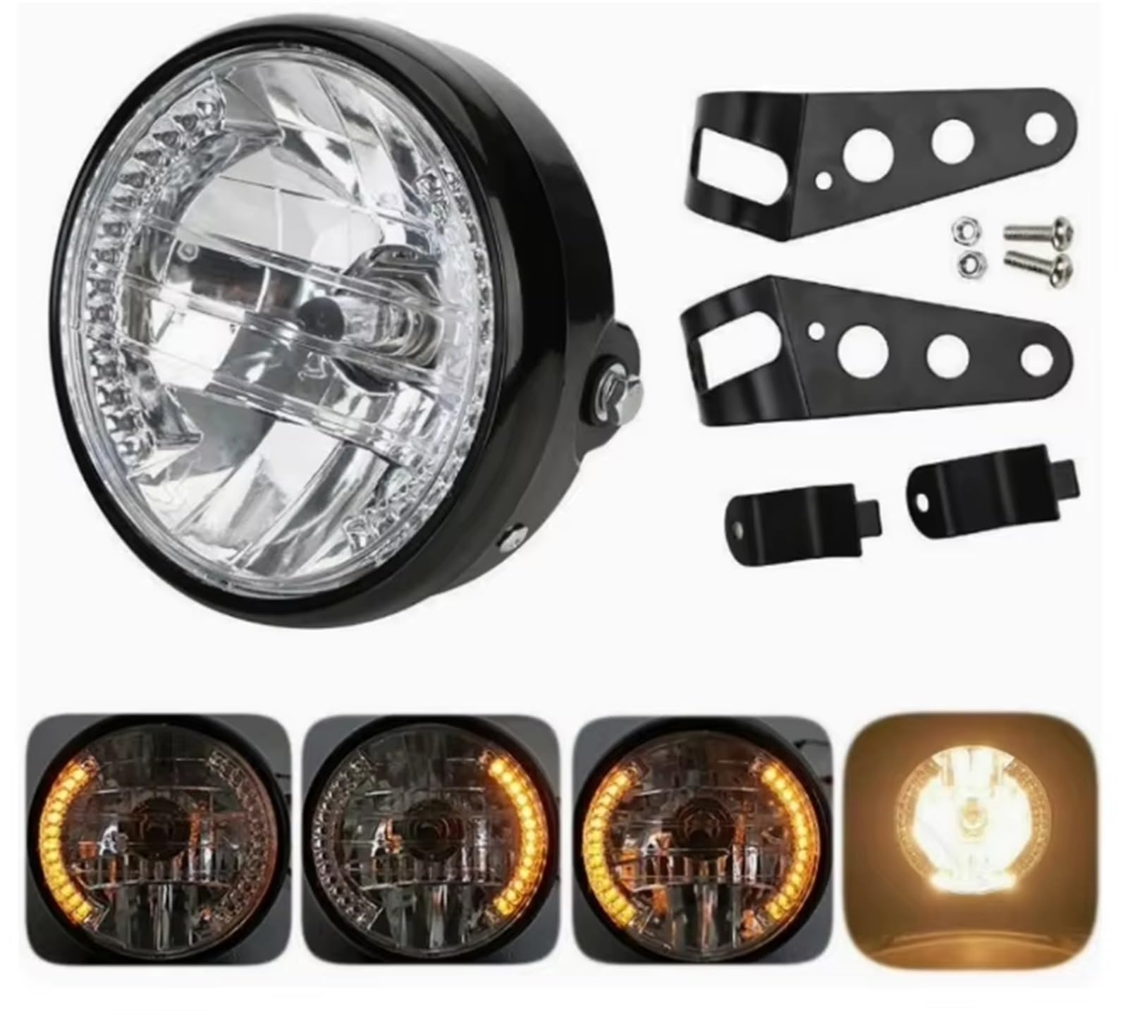 Moto Faro Fanale Lampadina Rotonda Universale per Fari Moto HeadLam 35W H4 da 7 Pollici con Staffa Nera per Indicatori di Direzione A LED A 9 Fili