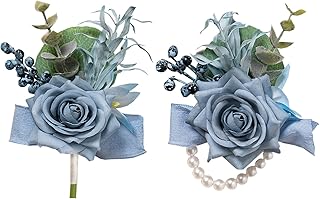 Meldel Dusty Blue Corsage and Boutonniere Set, Rose Boutonniere for Men, Prom Flower Wrist Corsage Bracelets, Homecoming Corsages Wristlet, Men Boutonnieres for Wedding Flowers Accessories Prom Suit