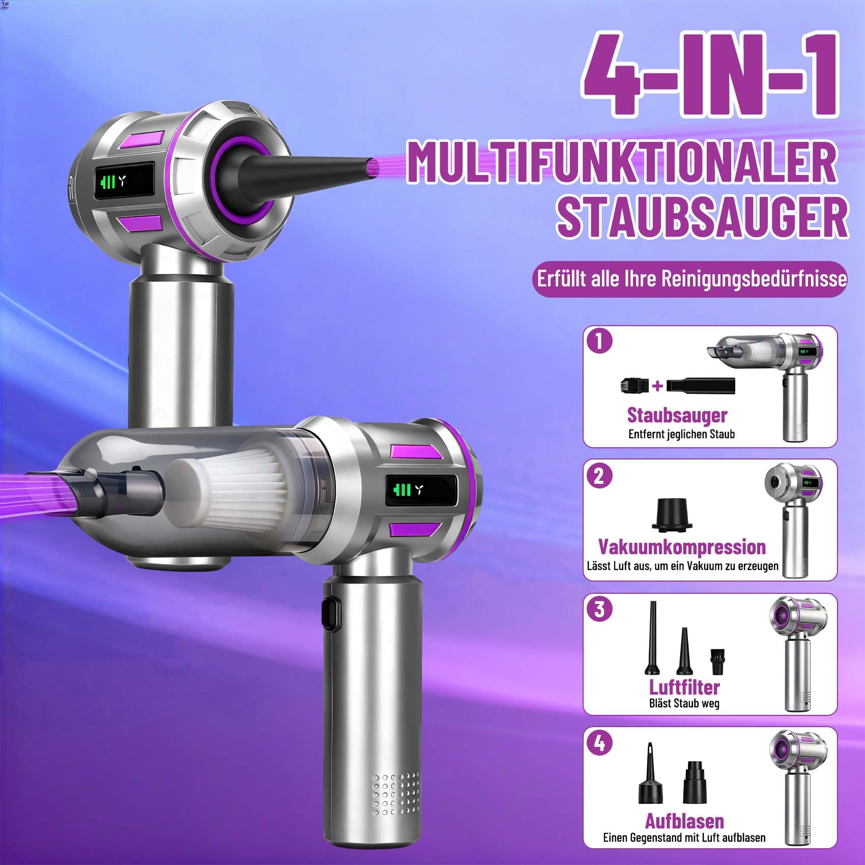 Handstaubsauger Akku Kabellos 27000Pa, Mini Autostaubsauger mit 220000rpm Bürstenlosem Motor, Leicht & Tragbar, 3-Stufen Saugkraft für Auto, Sofa, Haustierhaare, Küche & Büro
