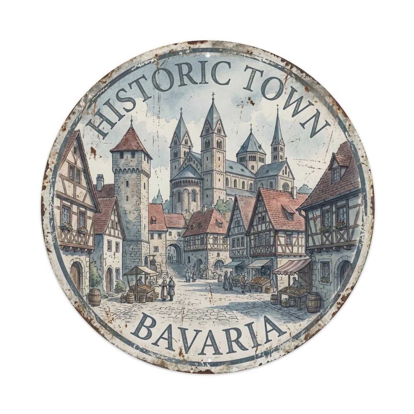 Vintage Travel Historic Town Bavaria Metal Tin Sign Plaque Wall Decor for Cafe, Club Bar, Office, Home Garden Round Metal Poster 8x8Inch