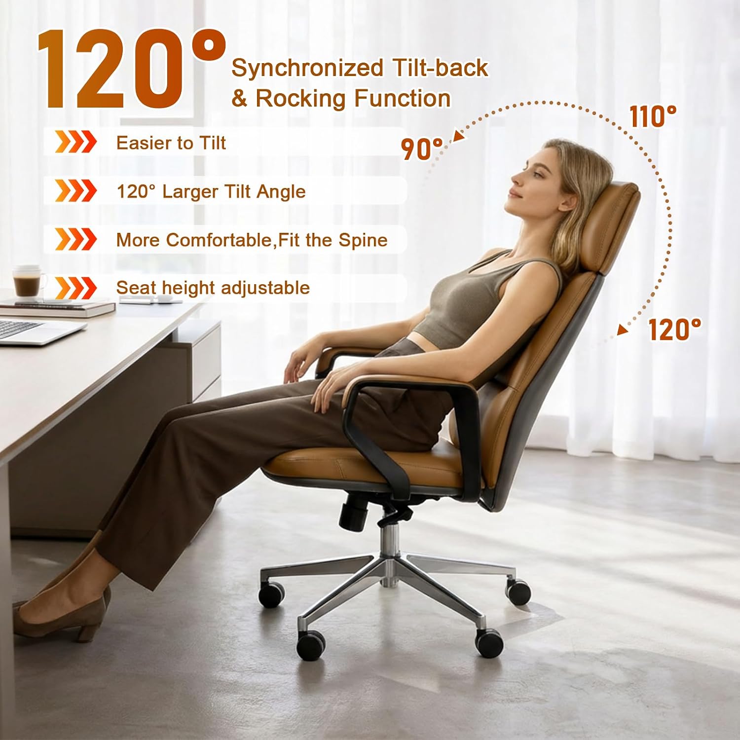 PU Leather Office Chair, Ergonomic High Back Executive Office Chair with Adjustable Lumbar Support, Sturdy Metal Base & Smooth Wheels, 400lbs Weight Capacity for Home and Office (Brown)
