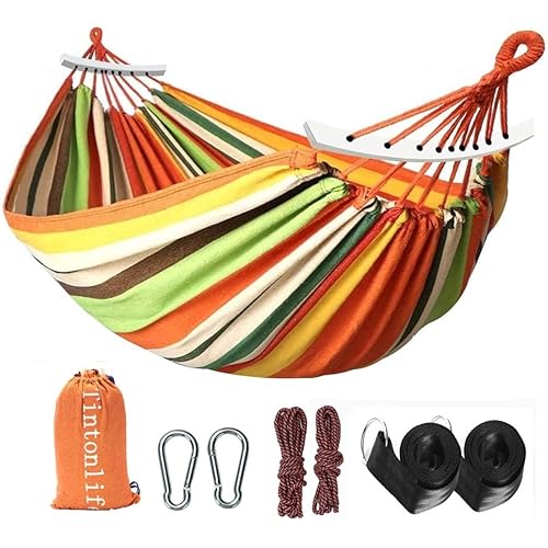 Tintonlife Brazilian Double Hammock (Max 450lb)- 2 Person Soft Canvas Cotton Fabric Hammock with Tree Strap-Portable Hammock with Traval Bag for Patio Porch Garden Backyard,Outdoor/Indoor -Orange