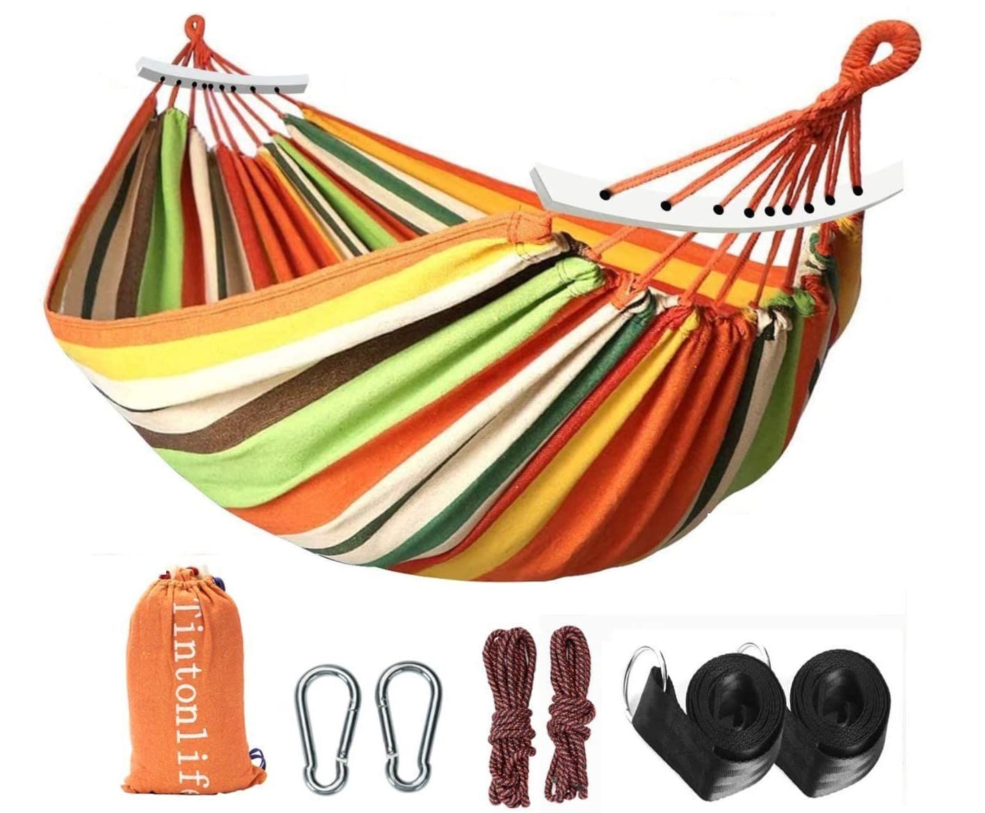 Tintonlife Brazilian Double Hammock 2 Person Canvas Cotton Hammock for Patio Garden Backyard Lounging Outdoor,Indoor Orange/Yellow Stripe Hammock