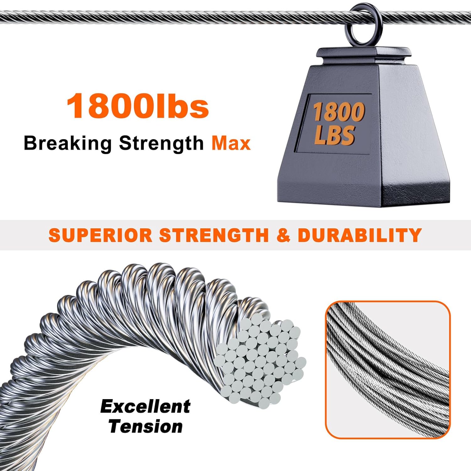 Sanuke 1/8" 304 Stainless Steel Cable, 50ft Wire Rope Metal Cable with Loop Sleeve and Thimble, 7x7 Strand Core Steel Wire for Deck Railing System, Garden Fence, Outdoor Hanging Kit