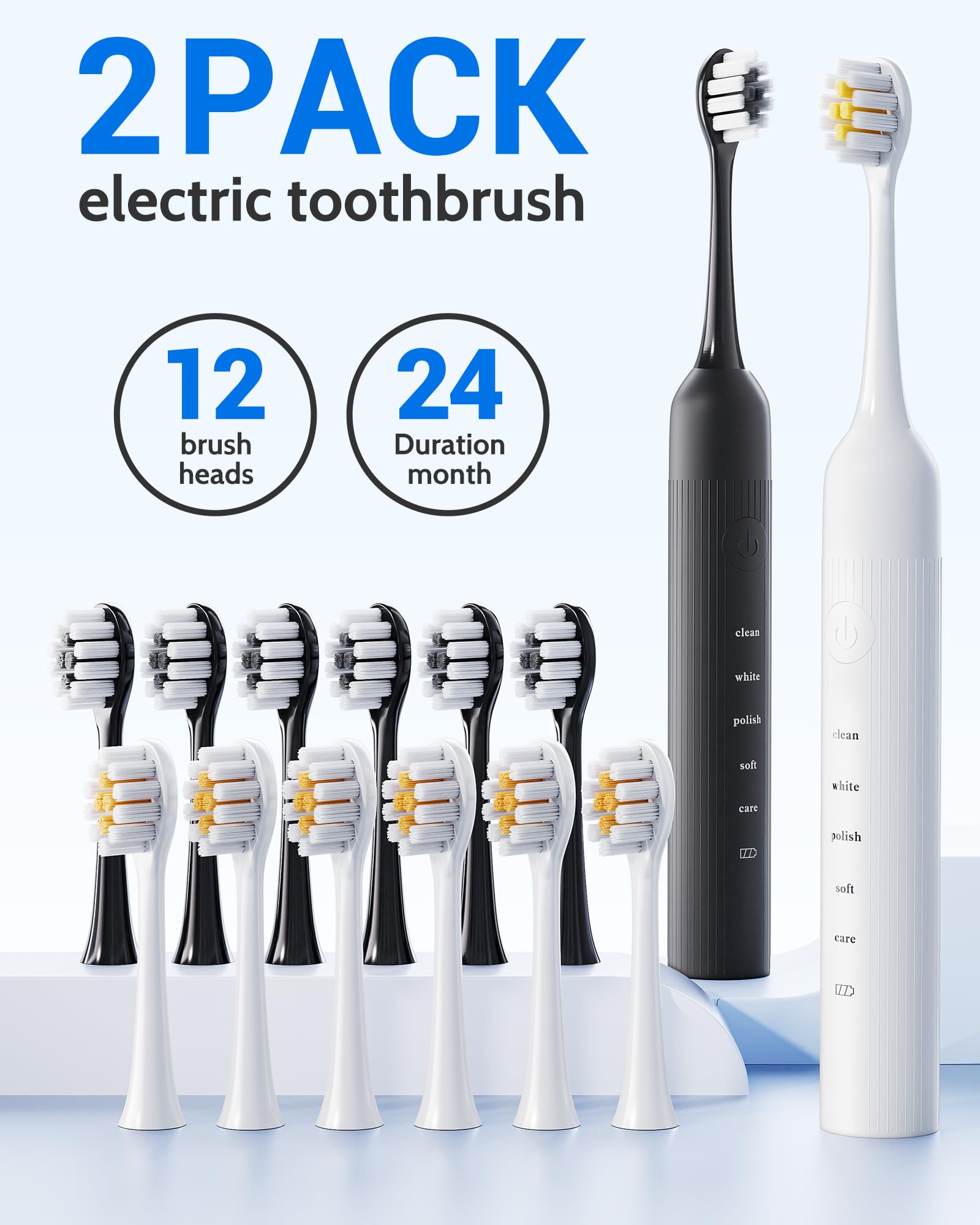 Paquete de 2 cepillos de dientes eléctricos para adultos y niños, cepillo de dientes eléctrico recargable para niños a partir de 12 años y adultos con 12 cabezales de cepillo y 2 cepillos de dientes