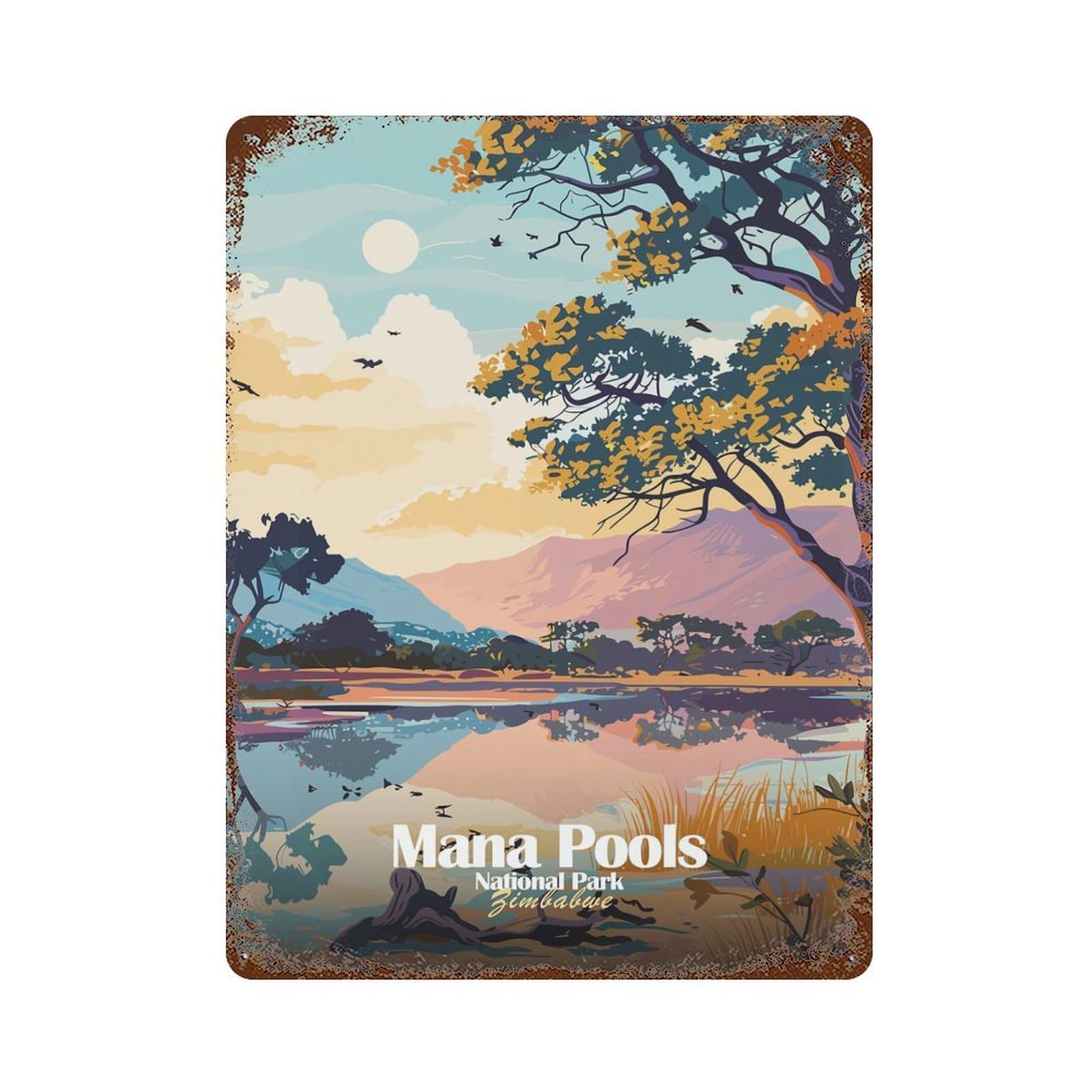 Garage Style Mana Pools National Park, Zimbabwe Distressed Metal Wall Sign 15.7"x11.8", Vintage Wall Decor for Bar And Workshop