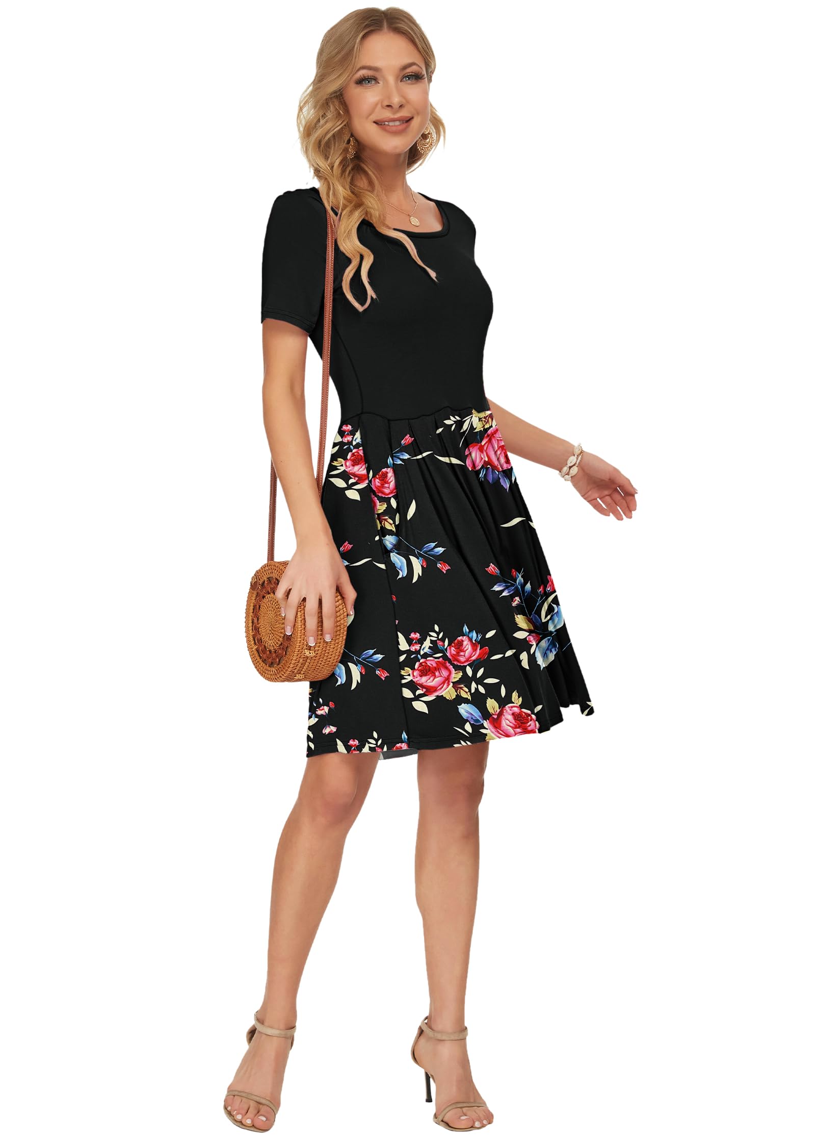 AUSELILY Abito Casual da Donna a Pieghe a Manica Corta con Lunghezza al Ginocchio con Tasche