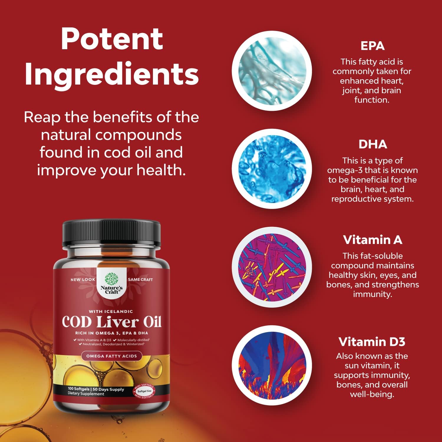 Icelandic Cod Liver Oil Softgels - Wild Caught EPA DHA Omega 3 Fish Oil 1000mg - Sustainably Sourced Burpless Fish Oil Supplement with Vitamin D3 and A for Heart Joint Brain and Immune Support