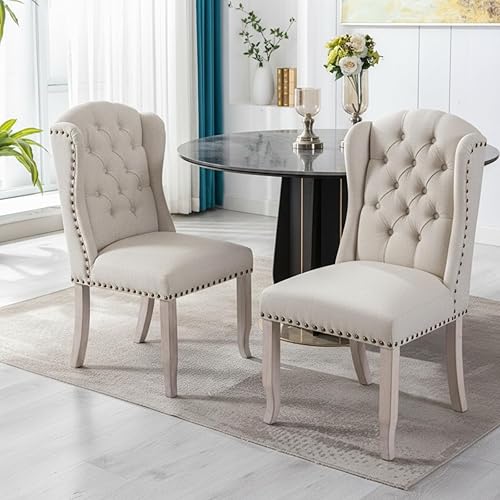 Juego de 2 sillas de comedor copetudas, sillas de comedor tapizadas de lino, sillas de comedor modernas de mediados de siglo con adornos de cabeza