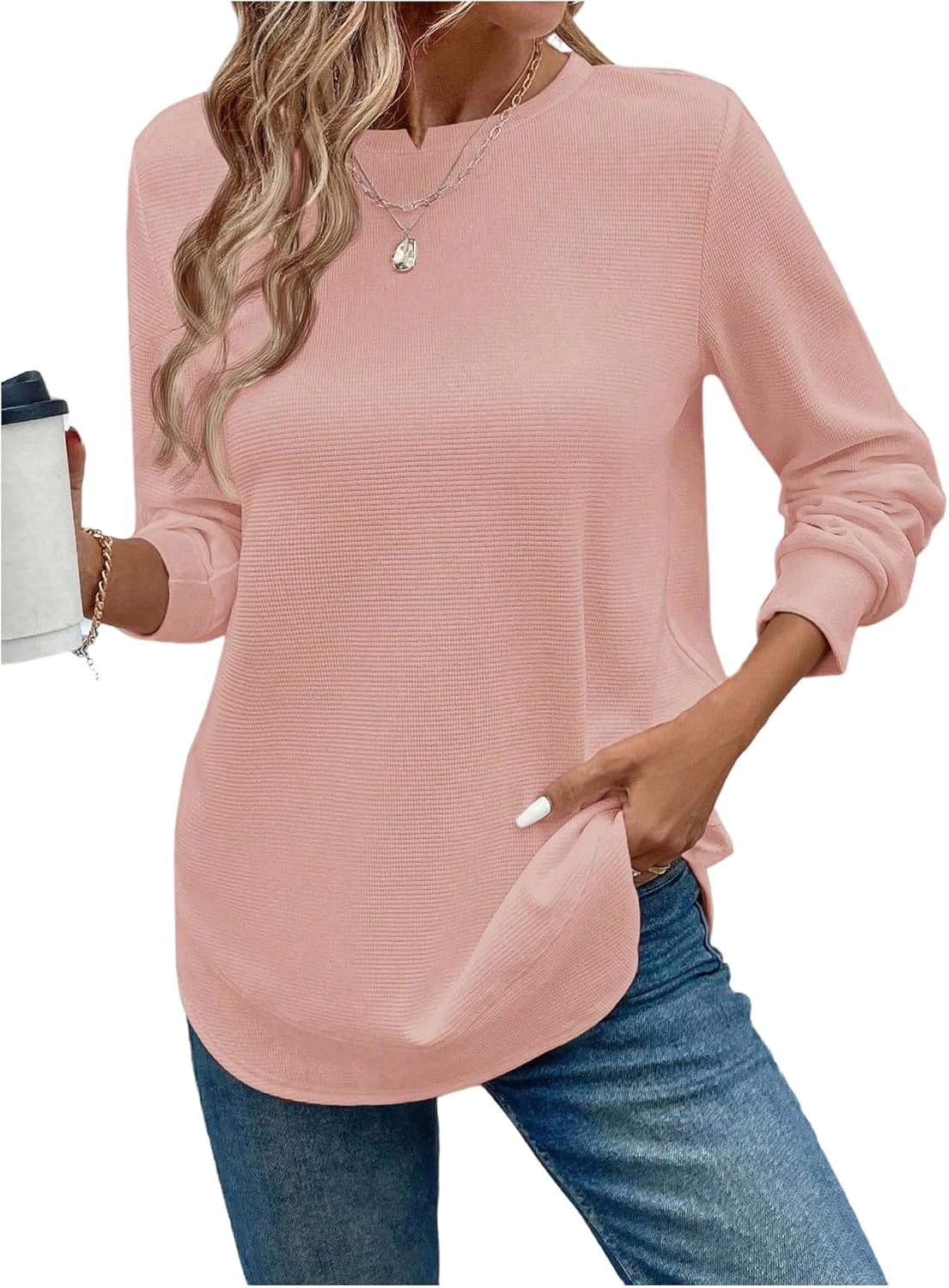 SweatyRocks Women's Casual Loose Fit Sweatshirts Waffle Pattern Lightweight Pullover Tunic Tops Fall Clothes - Image 6