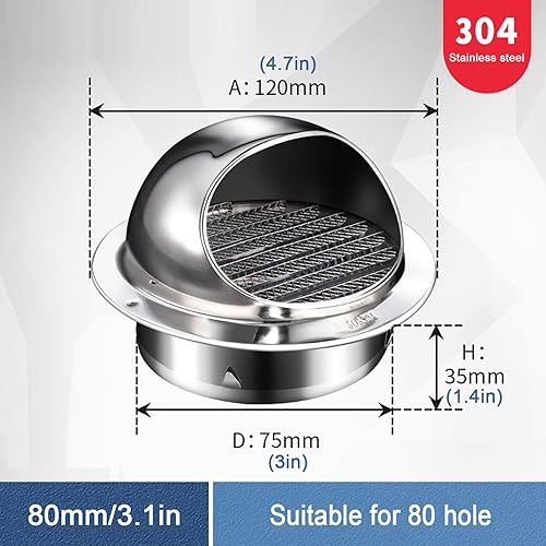 Miniatura 3 de Tapa de chimenea de acero inoxidable 304, ventilación de escape para calentador de baño, cubierta de salida de ventilación de pared redonda, tapa de