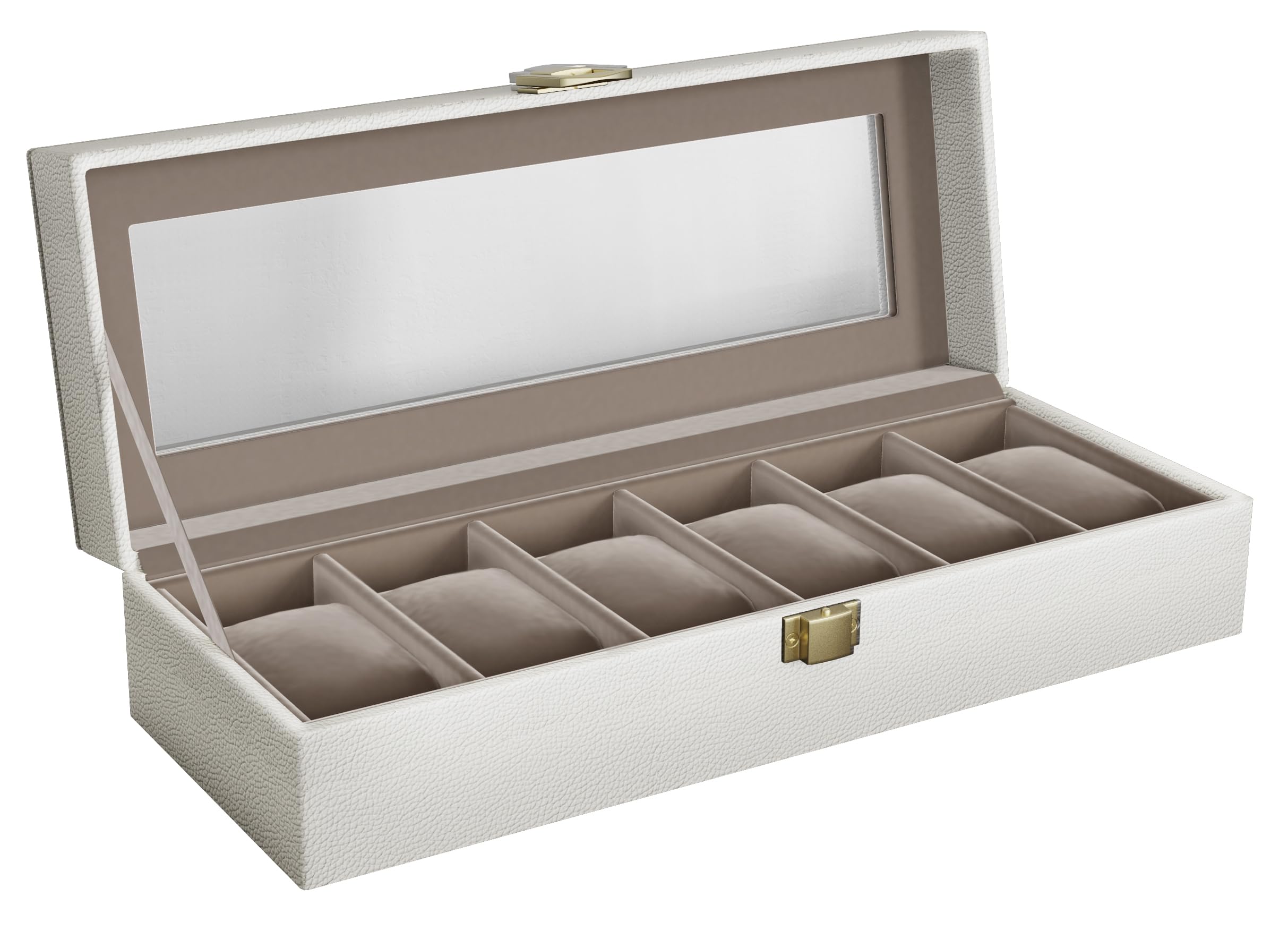 SONGMICS JWB006W01 6 Slots Watch Box, Watch Case, Glass Lid, Removable Pads, Metal Lock, Cloud White Coating and Cappuccino Beige Lining