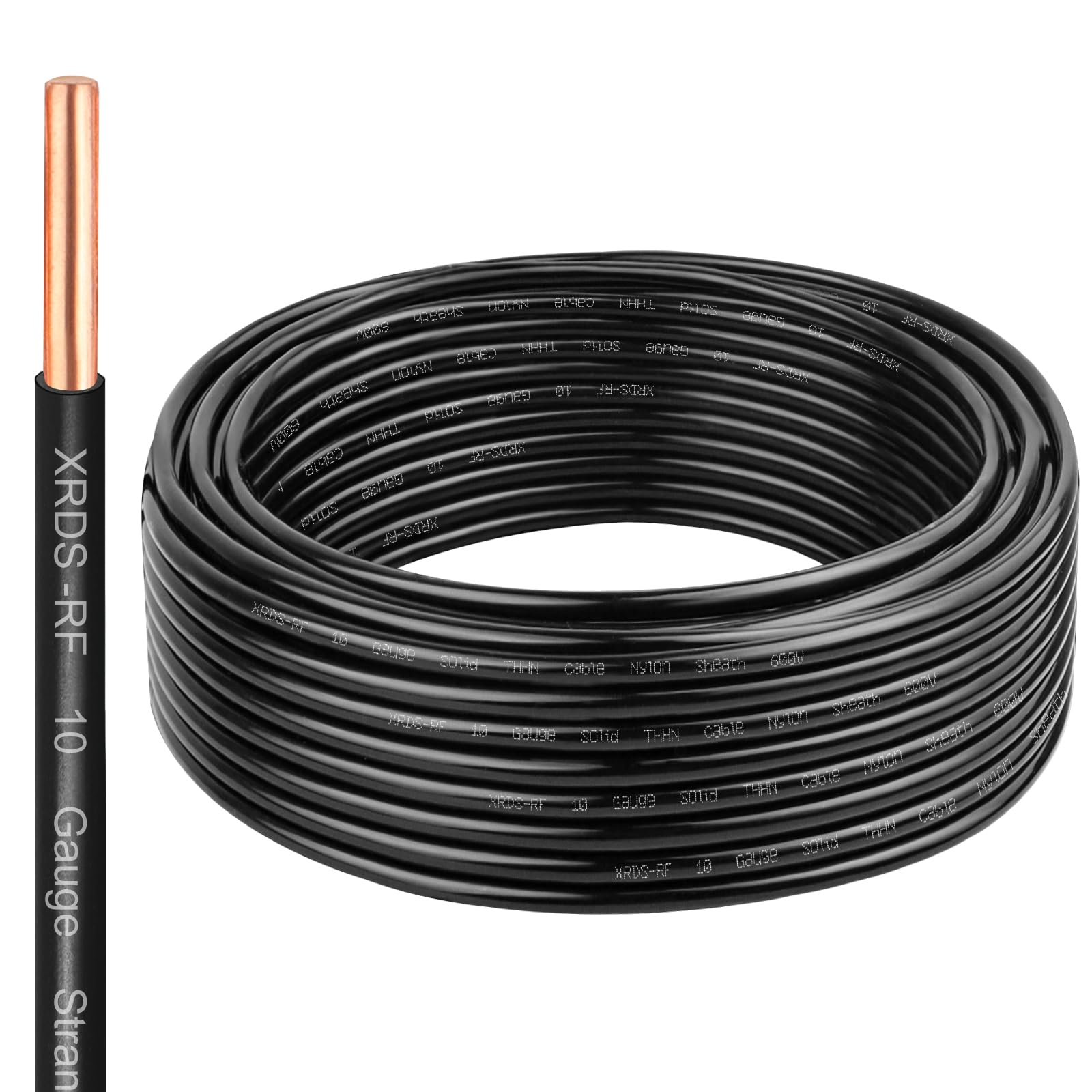 THHN Wire 25 FT, Single Bare Copper Conductor, 10AWG Black Electrical Wire, Solid Building Wire 600V Nylon Sheath Cable for Indoor/Outdoor