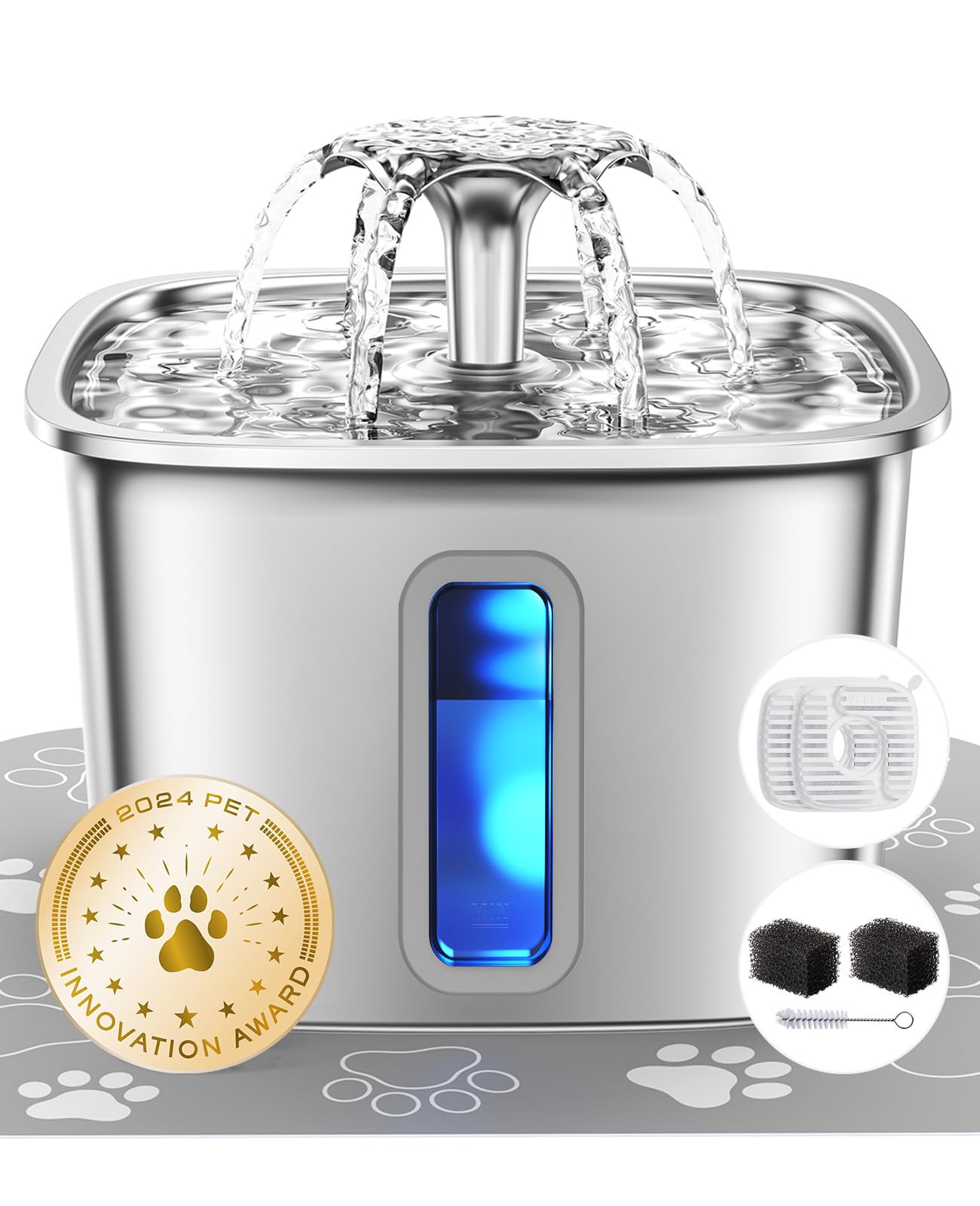 Veken Innovation Award Winner Stainless Steel Cat Water Fountain, 108oz/3.2L Automatic Pet Fountain Dog Water Dispenser with 2 PP Housing Replacement Filters & Silicone Mat for Cats, Dogs