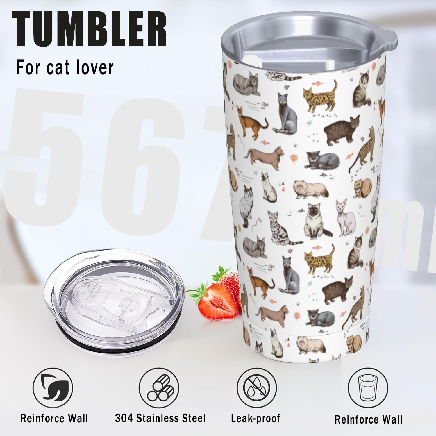 Cat Tumbler 20 OZ with Lid and Straw, Insulated Tumbler Cup Mug, Cat Gifts for Men Women - Image 2
