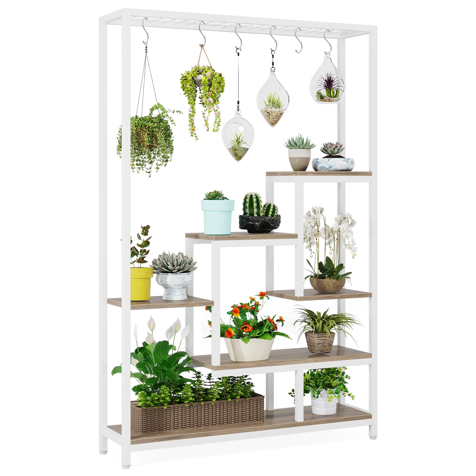 Tribesigns Soporte alto para plantas de interior de 5 niveles, estante de metal de 180 cm con 10 ganchos para colgar en S, estante de exhibición multiusos para bonsái de flores para interiores