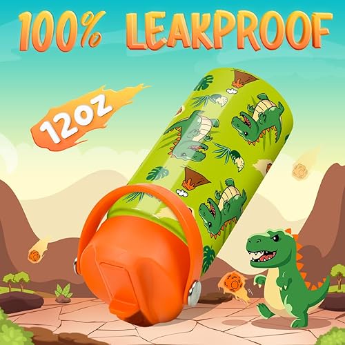 Miniatura 5 de Botella de agua de dinosaurio  Botella de agua con tapa de popote para niños  Botellas T-Rex de acero inoxidable aisladas de 12 onzas para niños
