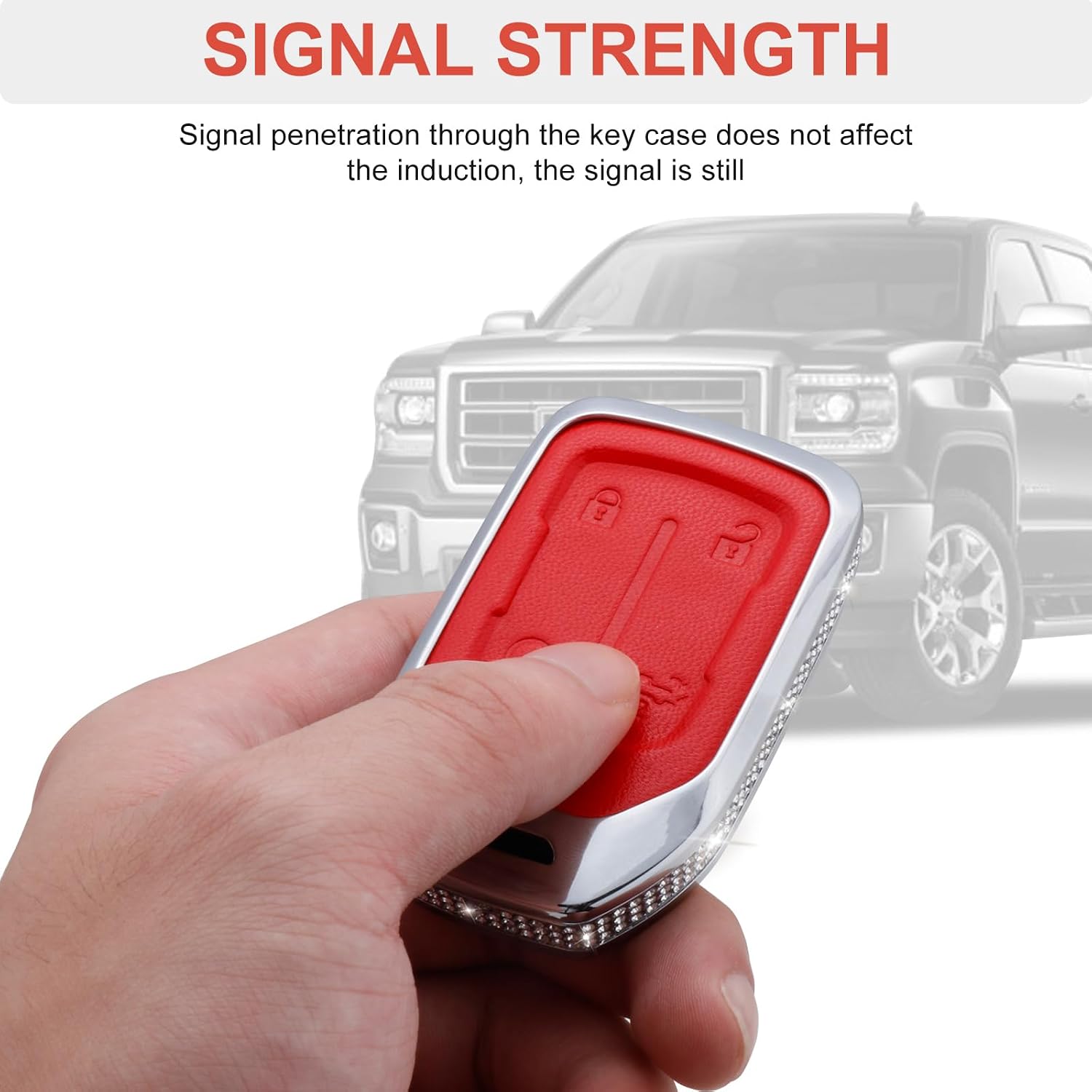 Key Fob Cover Compatible with Chevy Chevrolet Suburban Tahoe GMC Terrain Yukon Yukon XL Smart 5 Buttons Leather Crystal Key Fob Case Protection Shell Accessories (Red)