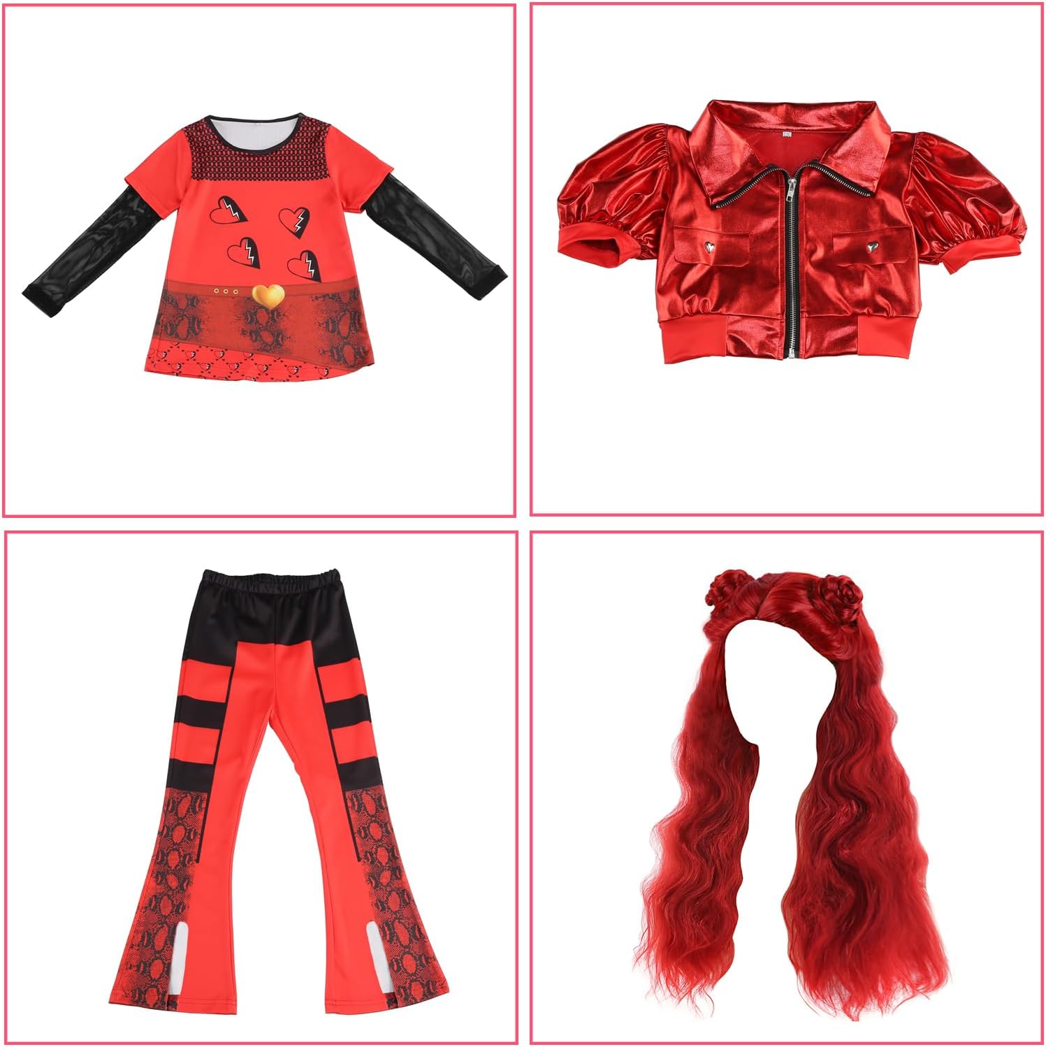 Kid Girl Red Cosplay Costume Flare Pants Top Jacket Princess Halloween Clothing with Wig Heart Necklace Gloves Bag - Image 4