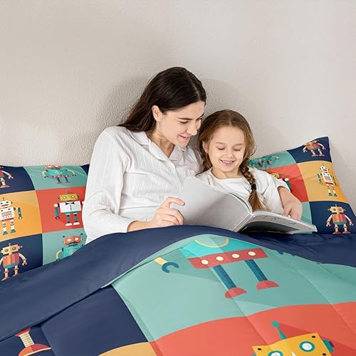 Miniatura 5 de Erosebridal Juego de edredón de robot tamaño individual, juego de ropa de cama de decoración de robot espacial para dormitorio de niños y niños,