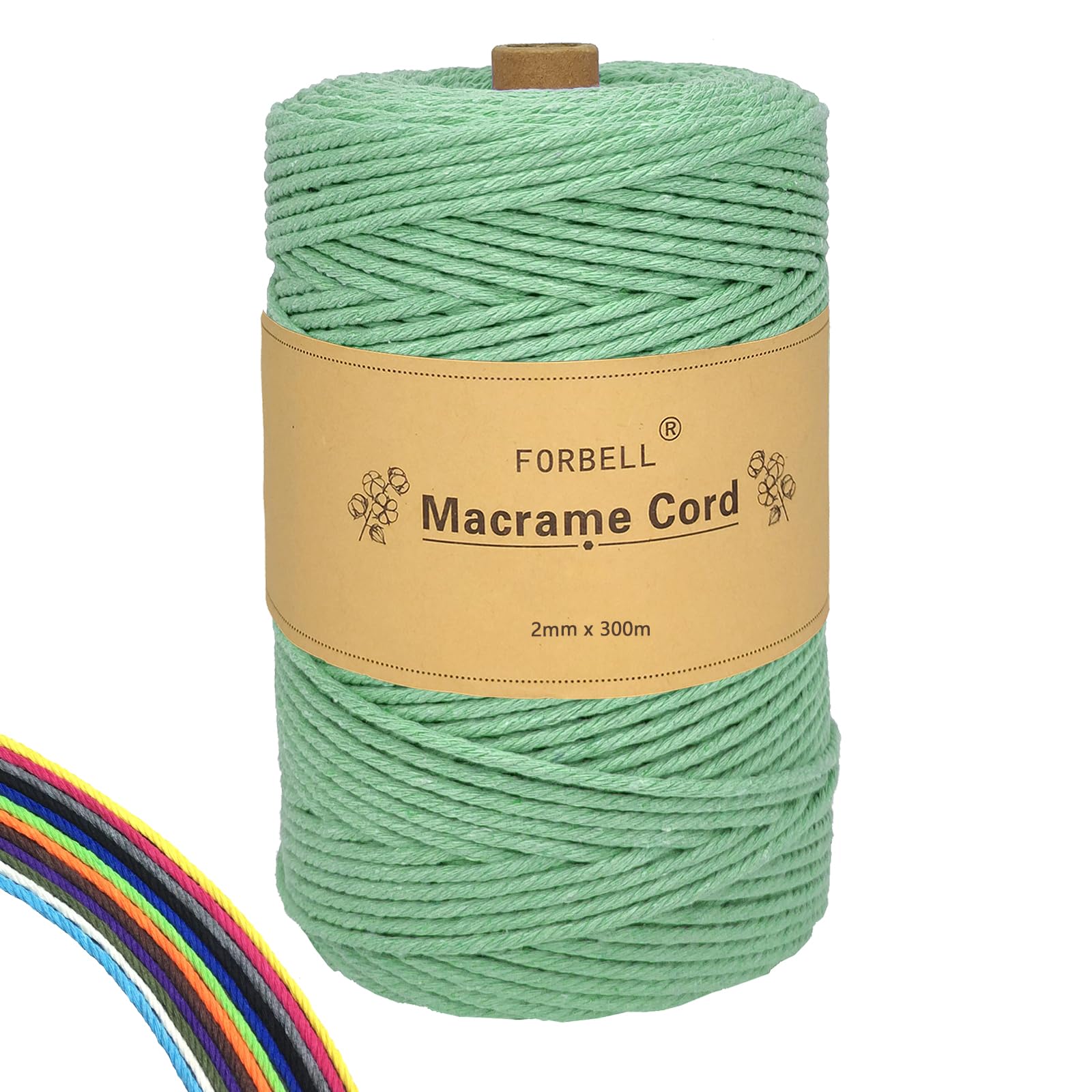 FORBELL Macrame Yarn, 2 mm x 300 m Premium Cotton Yarn, DIY Crafts (Bean Green, 2 mm x 300 m)