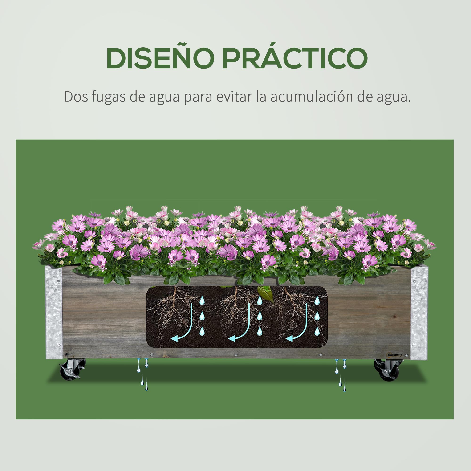 Outsunny Jardinera Exterior Grande con Ruedas Jardinera de Madera con Tela no Tejida Jardinera y Sistema de Drenaje para Cultivo Flores Plantas en Balcón Terraza 96x30,6x30 cm Gris Claro