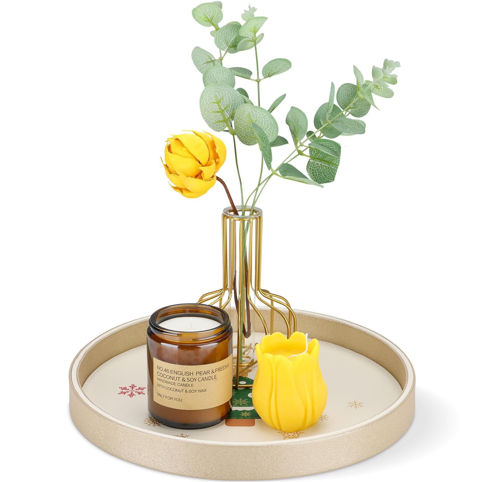 GORESE Weihnachtliche Serviertablett, Leder Rund Deko Tablett Tischtablett Küchentablett Teelichthalter Nachttisch Ablageschale Taschenleerer Valet Tablet(Weihnachtsgold)